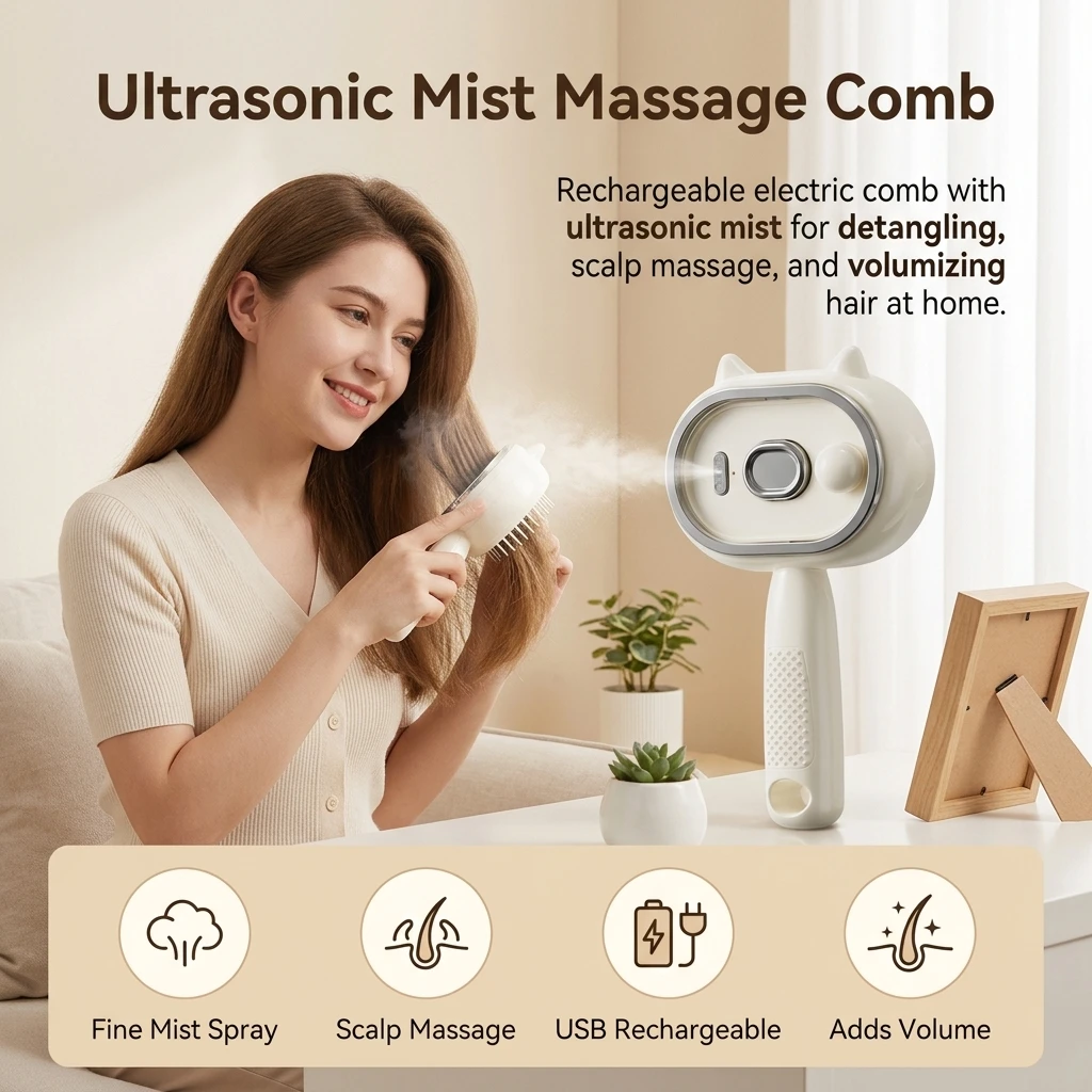 Electric Spray Massage Comb for Home Hair Care Women's Ultrasonic Mist Brush Scalp Massager Detangling Styling Tool