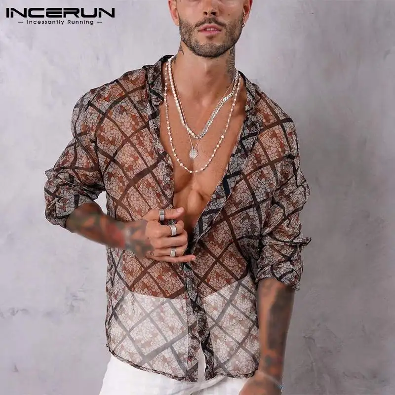 Men Printing Shirt Mesh Transparent Stand Collar 2024 Long Sleeve Streetwear Men Clothing Fashion Casual Camisas S-5XL INCERUN