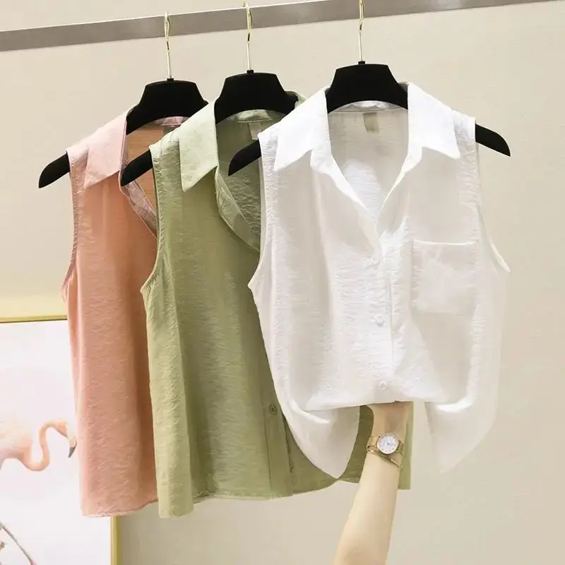 Sleeveless Solid Casual Polo-Neck Single Breasted Vest Loose Women's Blouse Shirt Korean Fashion Female Clothing Tops 2024