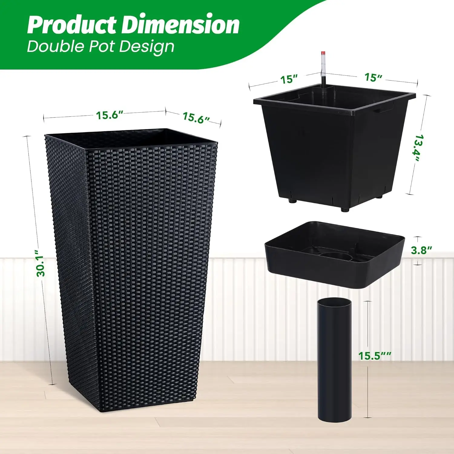 30 Inch Tall Planter Set of 2 Large Rattan Flower Pot with 2 Trays & a Water Level Monitor & Wheels Outdoor and Indoor for Patio