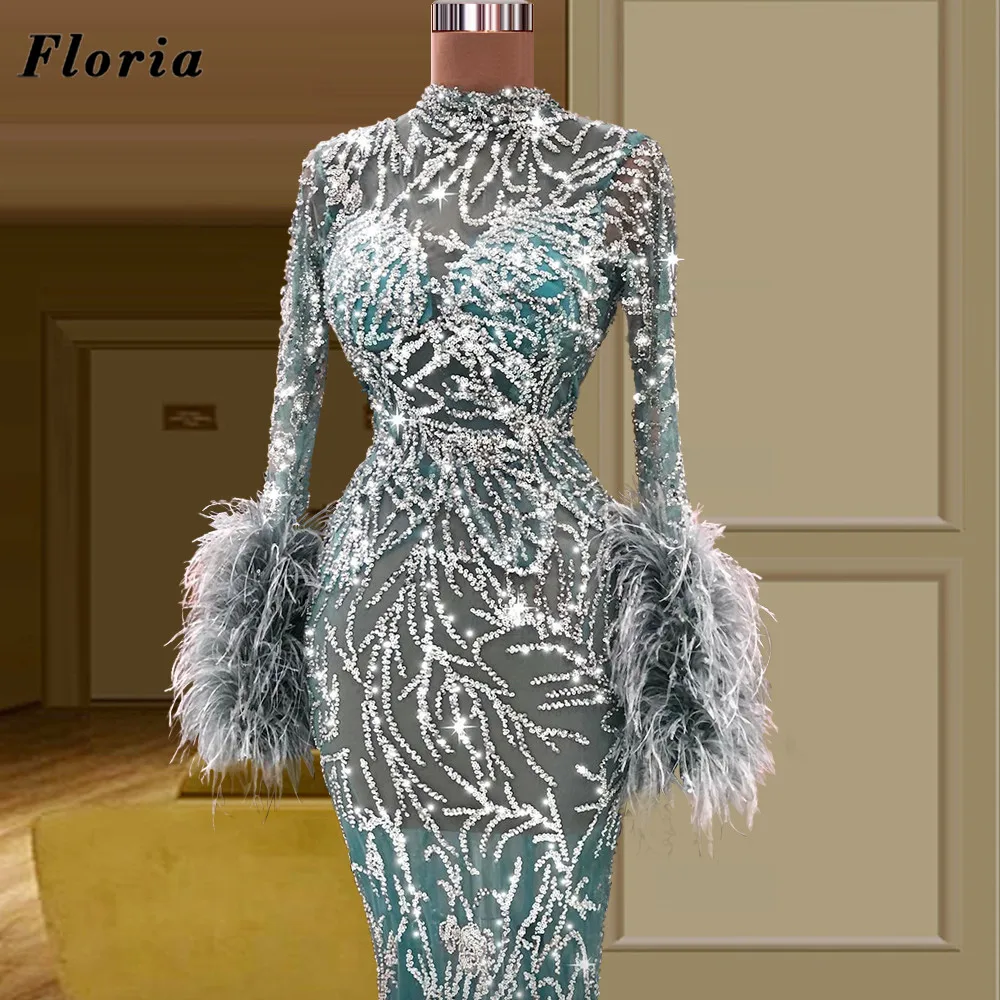 

Floria Middle East Long Sleeves Celebrity Dresses With Feathers Dubai Design 2023 Mermaid Prom Dress Women Evening Gowns Robes