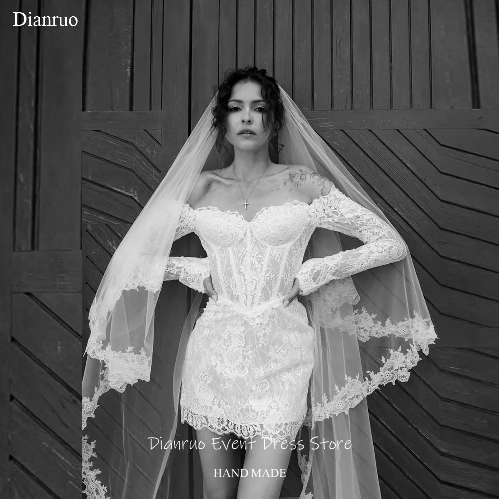 Dianruo No Veil Appliques Wedding Dress Pleated Lace Sleeves Vestido De Noiva Off Shoulder Short Homecoming Dress Customized