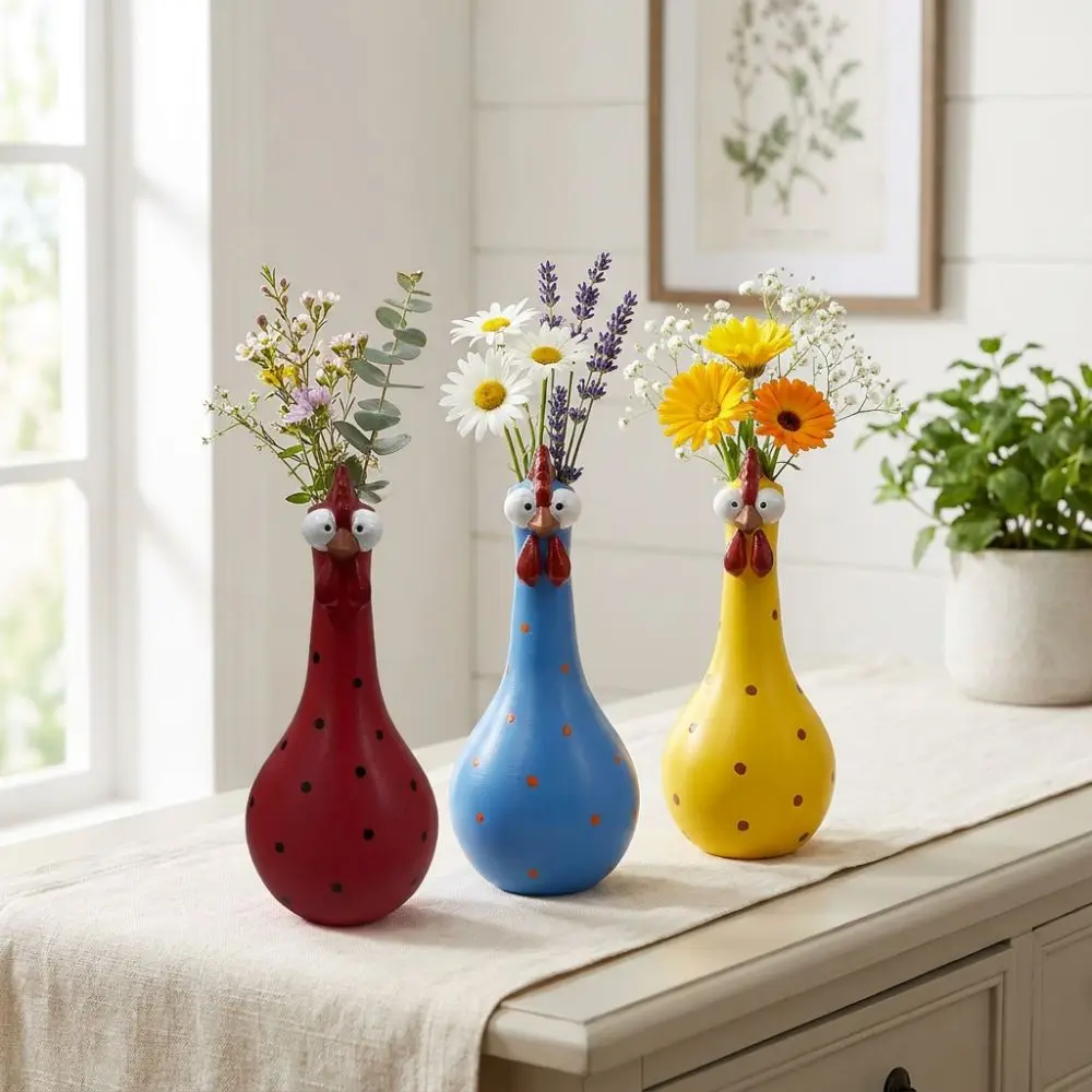 Colorful Dot Long Neck Chicken Vases Resin Art Cartoon Rooster Sculpture Vase Smooth Waterproof Lifelike Flower Arrangement Vase