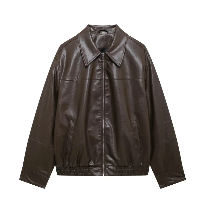 

Spring and Autumn Solid Color Lapel Long Sleeve Pocket Zipper Leather Women's Jacket Coat