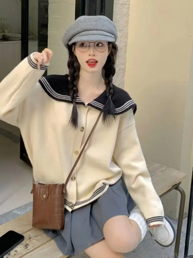 

Корейский маленький темно-синий свитер с воротником, женский осенне-зимний новый свободный вязаный мягкий верхний костюм, пальто-кардиган для женщин