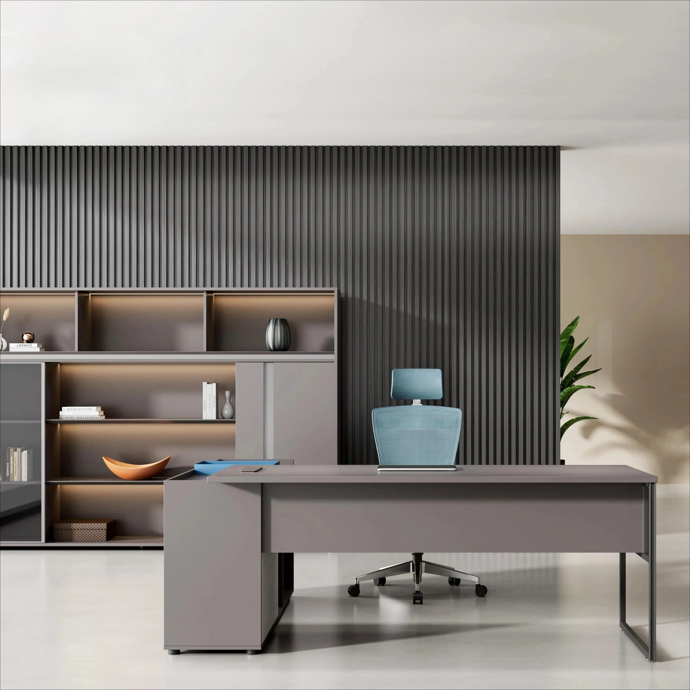 Modern Style L-shaped Desk, Wooden Handmade, With Side Cabinets