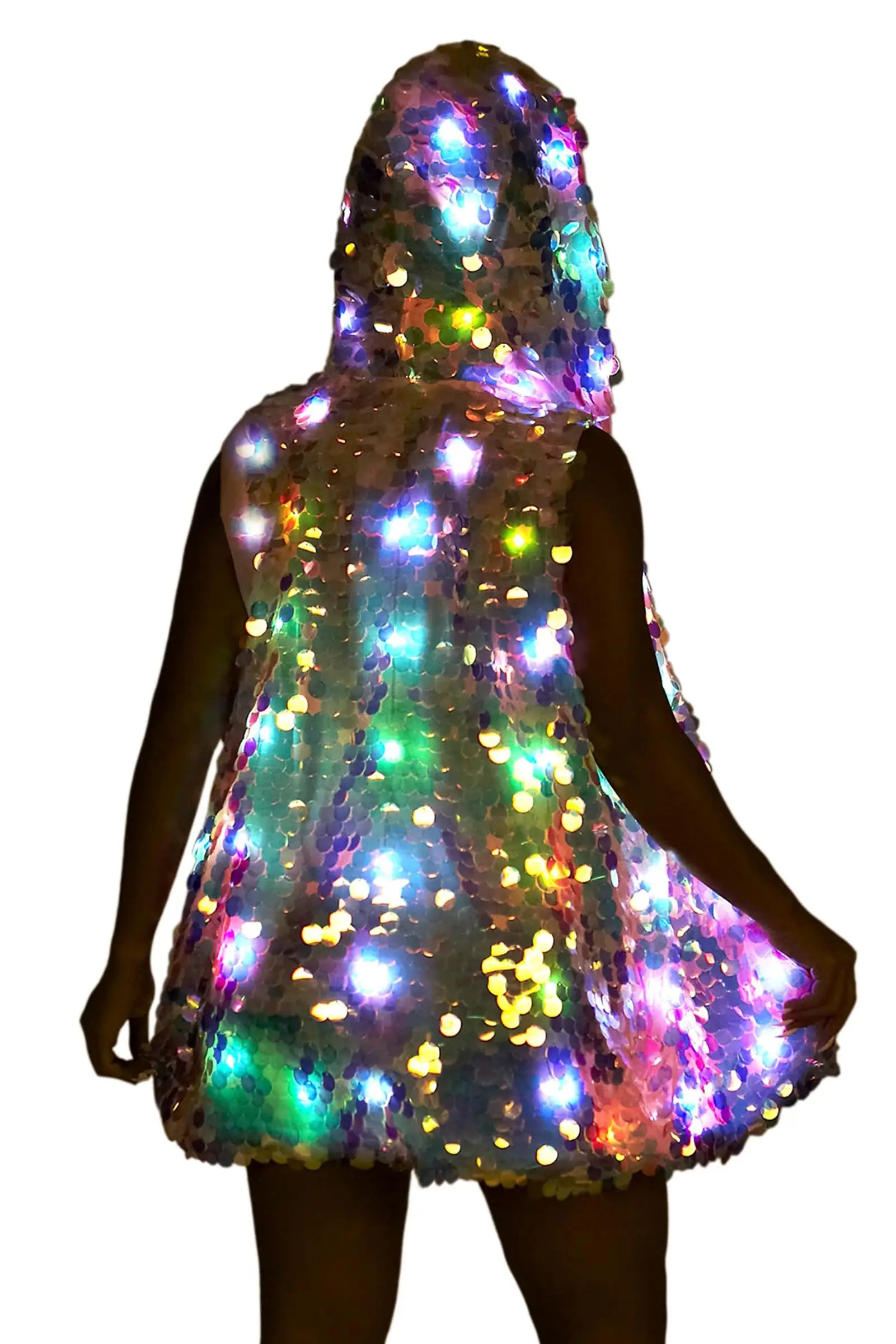 Nuovo LED paillettes Costume personalità con cappuccio senza maniche gilet donna Fashion Party Festival Performance Light abbigliamento