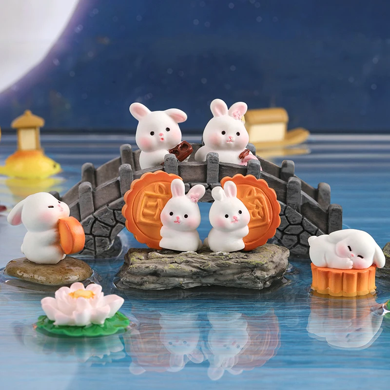 Mini Moon Festival Ornament Cartoon Bunny Mooncake Micro Landscape Ornament Car Interior Home Desktop Decoration