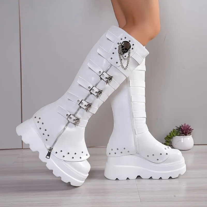 

Женские туфли на плоской платформе и молнии, ботильоны до колена с круглым носком, удобные нескользящие уличные ботинки, уличные ботинки Zapatos De Mujer 42