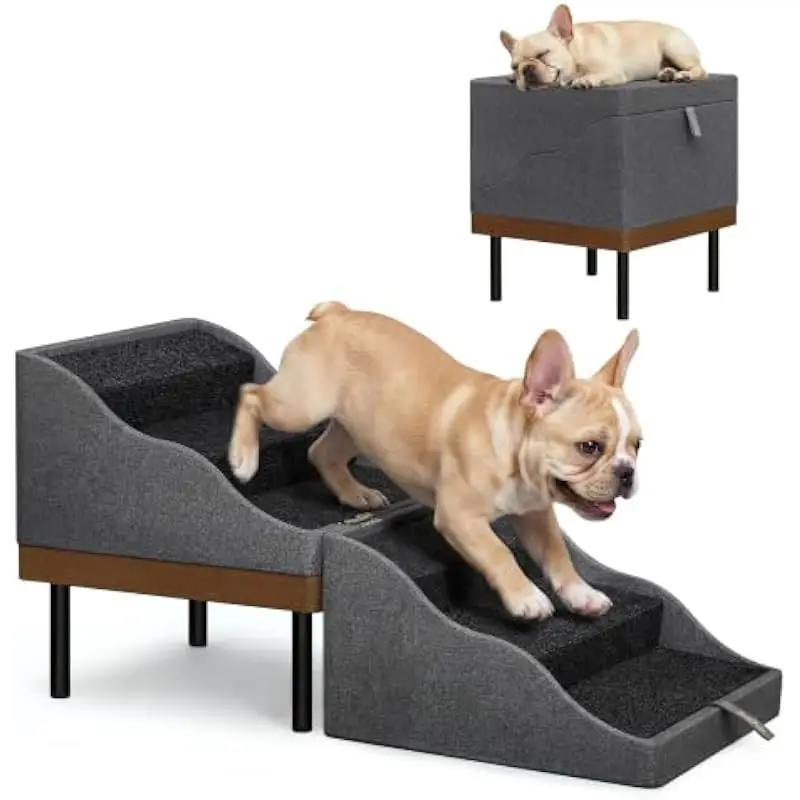 Wooden Dog Stairs with Foldable Ottoman Functionality – Gradual Slope Design for Easy Furniture Access – Non-Slip Carpeted Steps