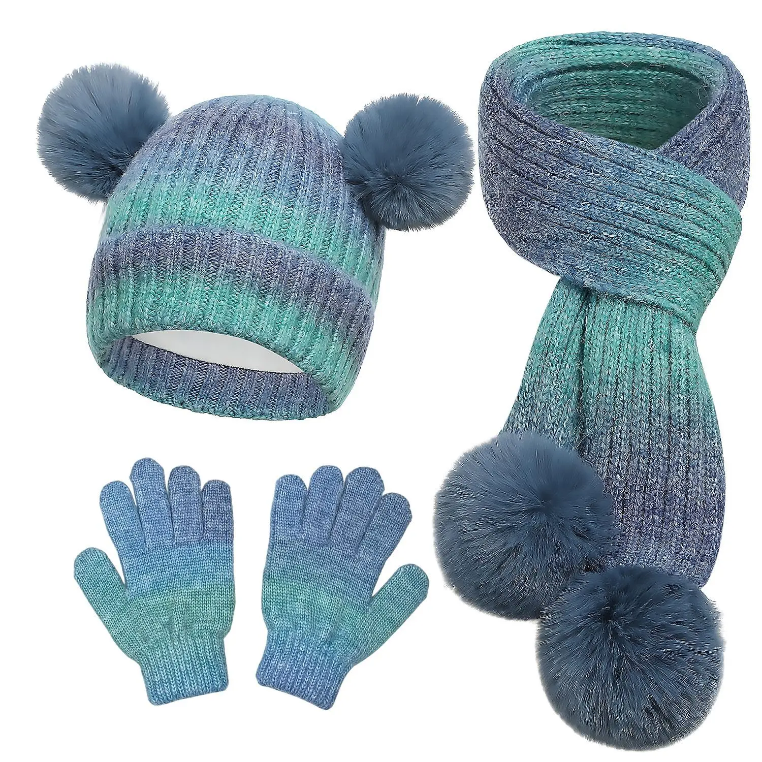 Multi Color Autumn Winter Unisex Kids Hat Scarf Gloves Set Children's Warm Knit Beanie Windproof Scarf Neck Warmer