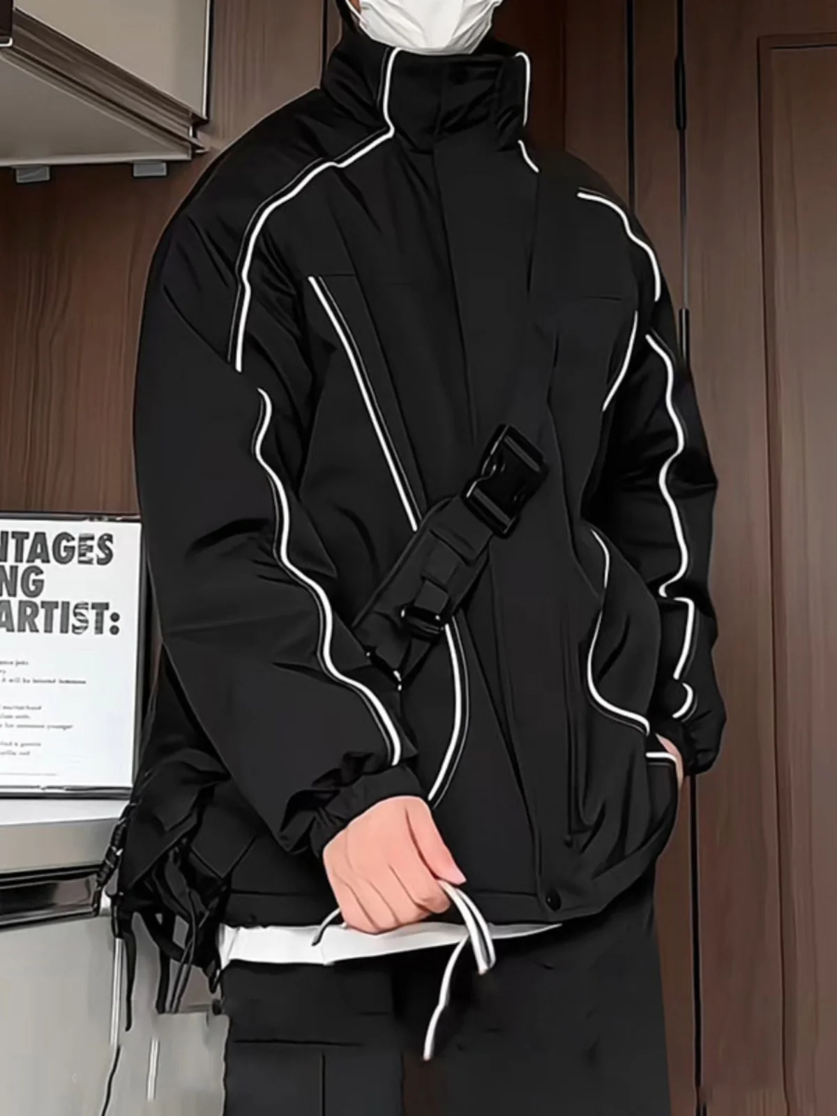 

Men's Outdoor Bla Parka Jaet Thi Warm Stand Collar Workwear Cotton Coat Winter Youth Casual Sle Polyester Fiber