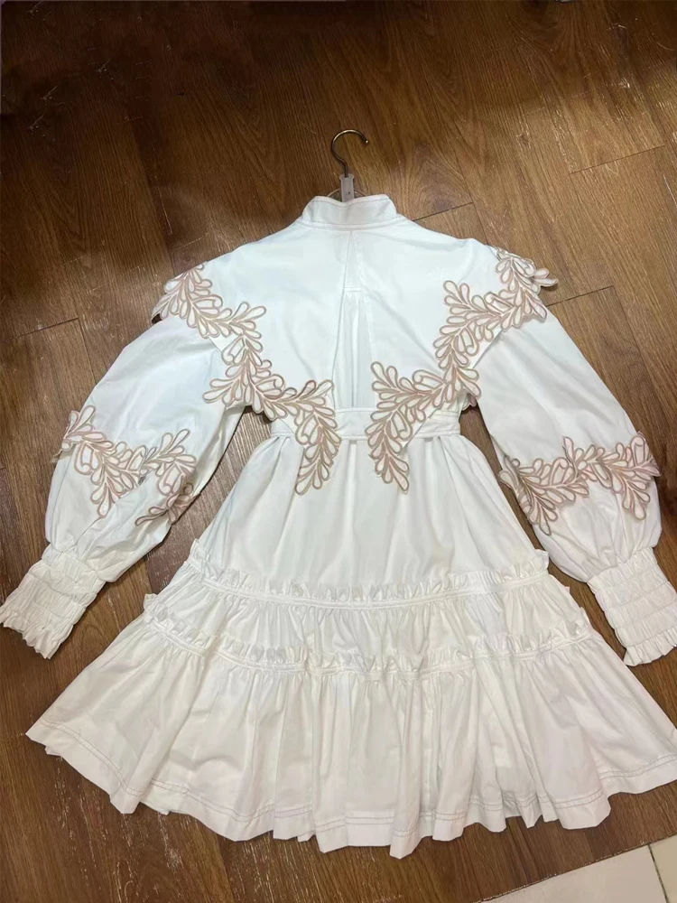 SEQINYY White Mini Dress Summer Spring New Fashion Design Women Runway High Street Ruffles Embroidery Flower Casual Belt