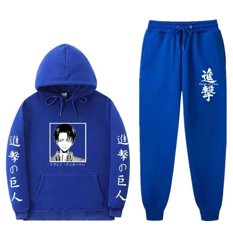 Japanese Anime 2-Piece Set Attack Titan Printed Winter Sweatshirt + Drawstring Pants Hoodie Suit Casual Long Style