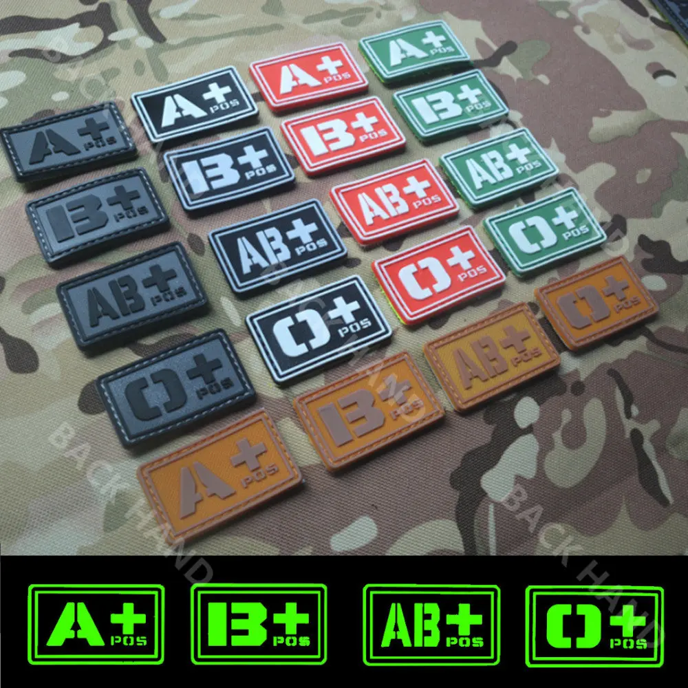 A B AB O Positive Blood Type Patch PVC Luminous Military Tactical Hook and Loop Fastener Medic Patches for Hat  Military patches