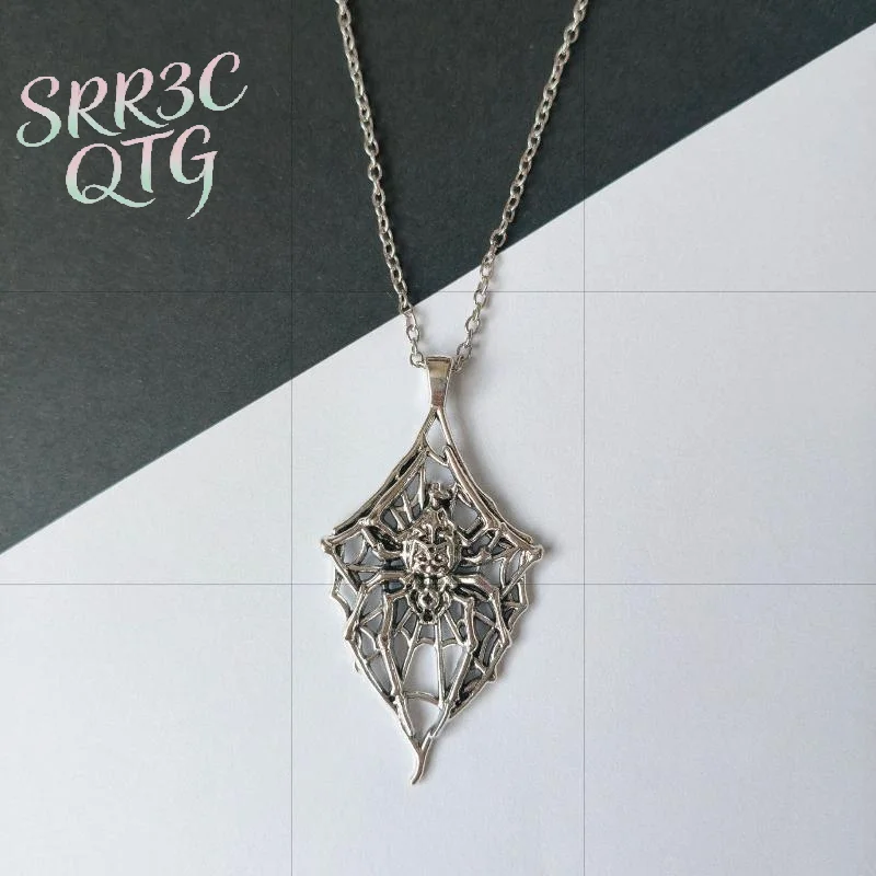 Hot Gothic Silver Tone Rhombus Hollow Spider Web Pendant Bead Chain Necklace For Women Halloween Punk Dark Aesthetic Jewelry