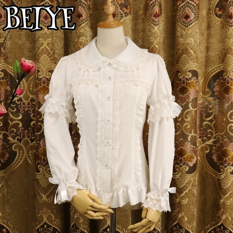 

Shirts Ladies Short Sleeve Chiffon Blouse White/Black Lolita Button Down Shirt with Detachable Sleeves Blusas De Mujer