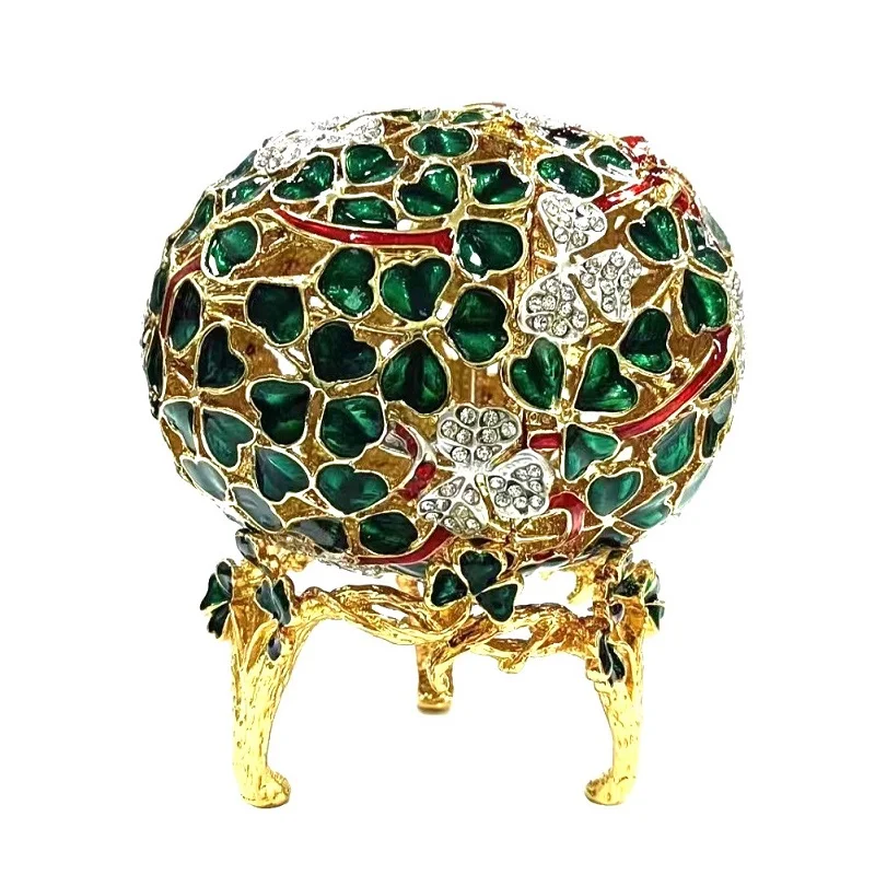 YAFFIL Shiny Enamel Easter Eggs Faberge Jewelry Box Green Leaf Decorative Home Accessories Box