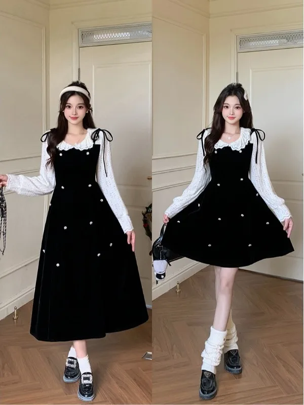 

plus Size Velvet Dr Women's Autumn Winter New Sle A-Line Skirt Waist-Cinching Belly- Concealing Commute Korean Sle