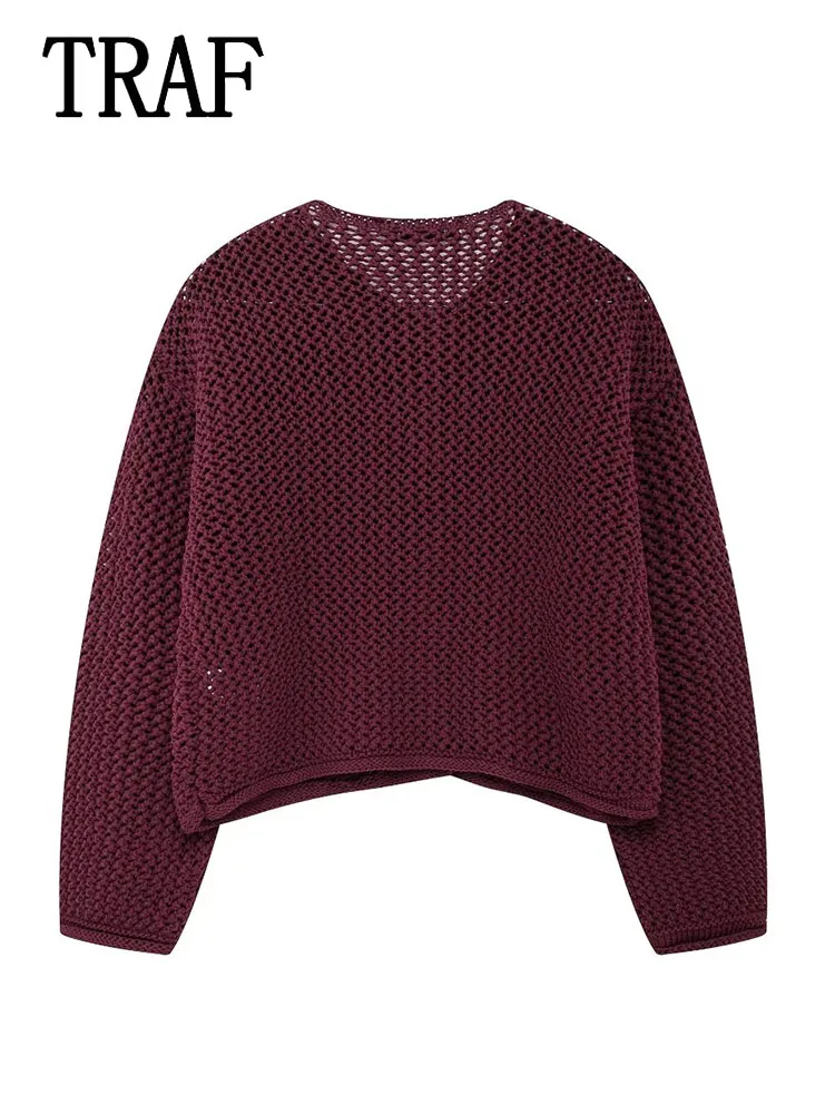 TRAF Women\'s Hollow Out Knitted Cardigans Fashion Street Sweater Coat Burgundy O-neck Long Sleeve Pocket Button Knitwear