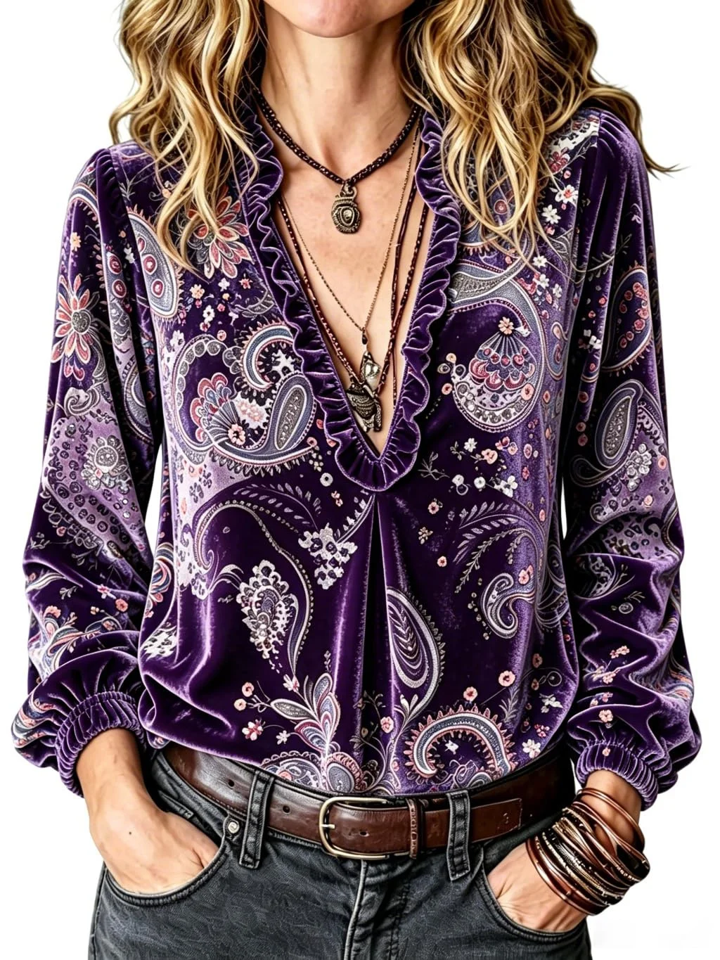Blusa de veludo dourado com estampa vintage, gola V, manga comprida, para outono/inverno, feminina, estilo streetwear de luxo, nova, para festas.