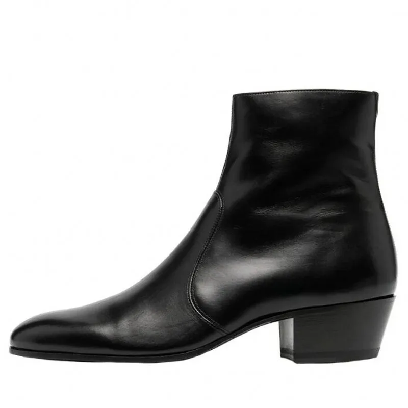 Botas chelsea masculinas de couro genuíno preto, cano alto, salto alto, motocicleta, sapatos ocidentais, tamanho grande 46