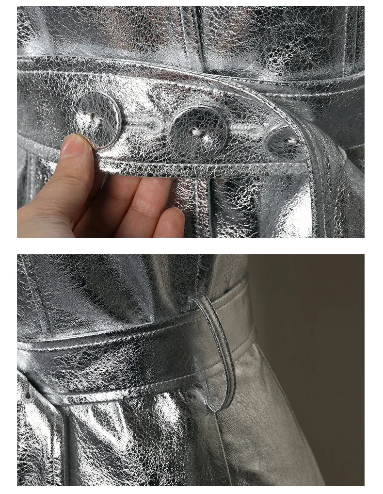 Lautaro Spring Autumn Extra Long Cool Silver Shiny Reflective Pu Leather Trench Coat for Women with Hood Luxury Runway Fashion