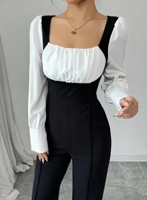 Women's Temperament Long Sleeve Jumpsuit Fashion Style Black & White Contrasting Commuting Female High Waist Elegant Jumpsuits