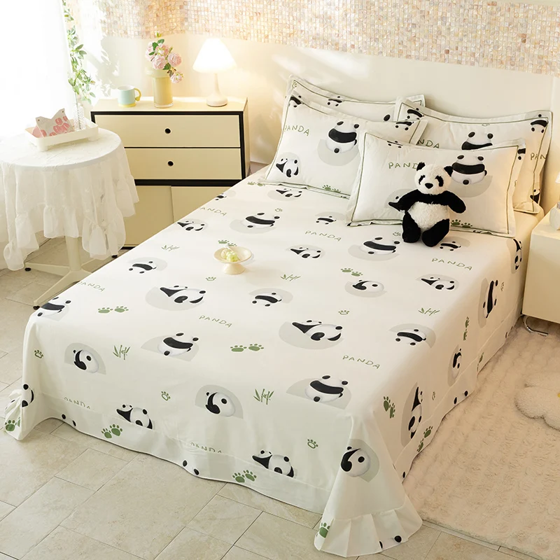 Cute Panda Cotton Thickened Bed Sheet Set, Cartoon Animal Decoration Bedding with Pillowcase, Letter Printing King Flat Sheets