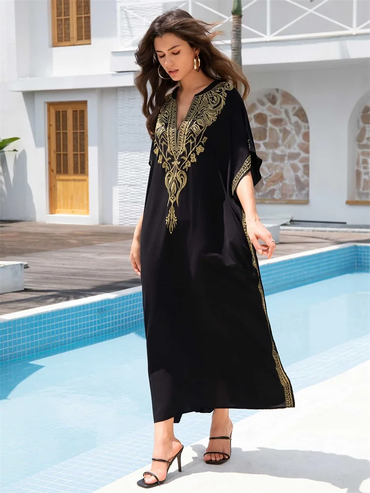 2024 Damska sukienka plażowa Plus Size V Neck Black Kaftan Floral Embroidered Dress Holiday Beach Swimwear Cover Up Turkish Robe Q1735