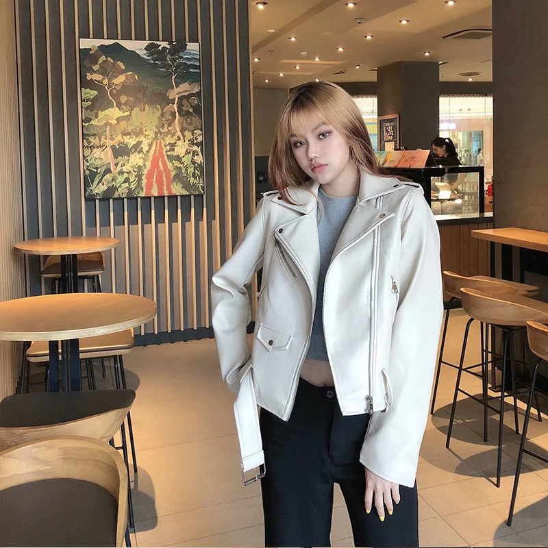 Nova motocicleta feminina sle couro falso jaet casaco fecho de zíper comprimento ort fino ajuste design commute faion