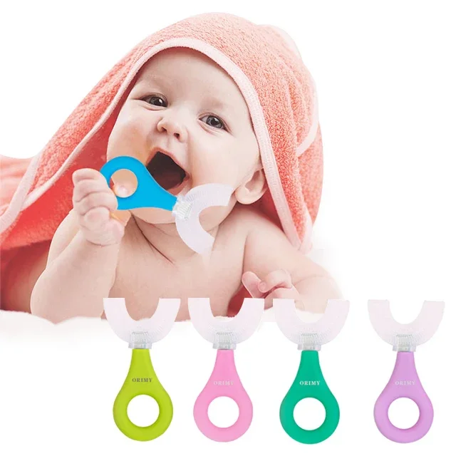 

Custom Handle Color Replaceable Brush Head Baby Training Teether U Shaped 360 Degree Safe Soft Silicone Baby Toothbrush