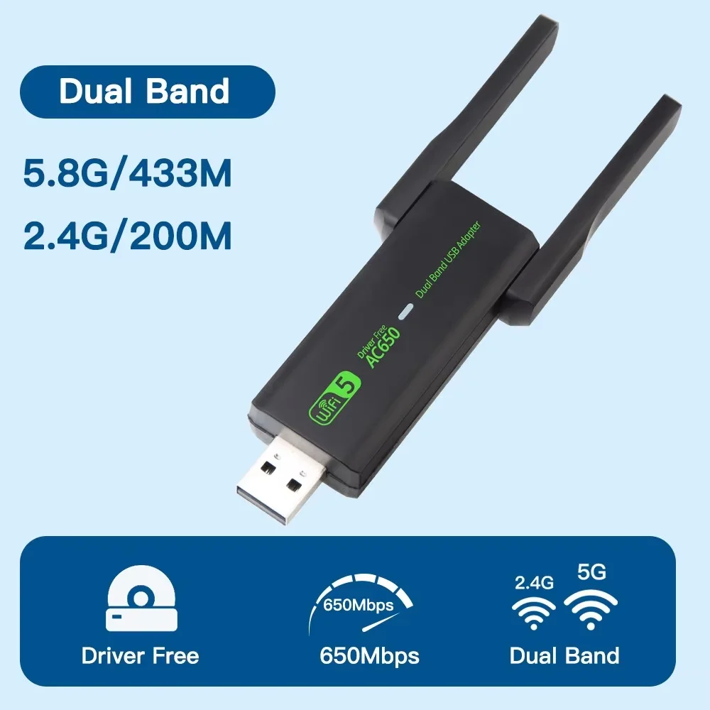 AC650 WiFi USB Adapter Dual Band 2.4G 5GHz High Gain Network Card for PC Laptop Win7 10 11 Driver Free Long Range Plug Play
