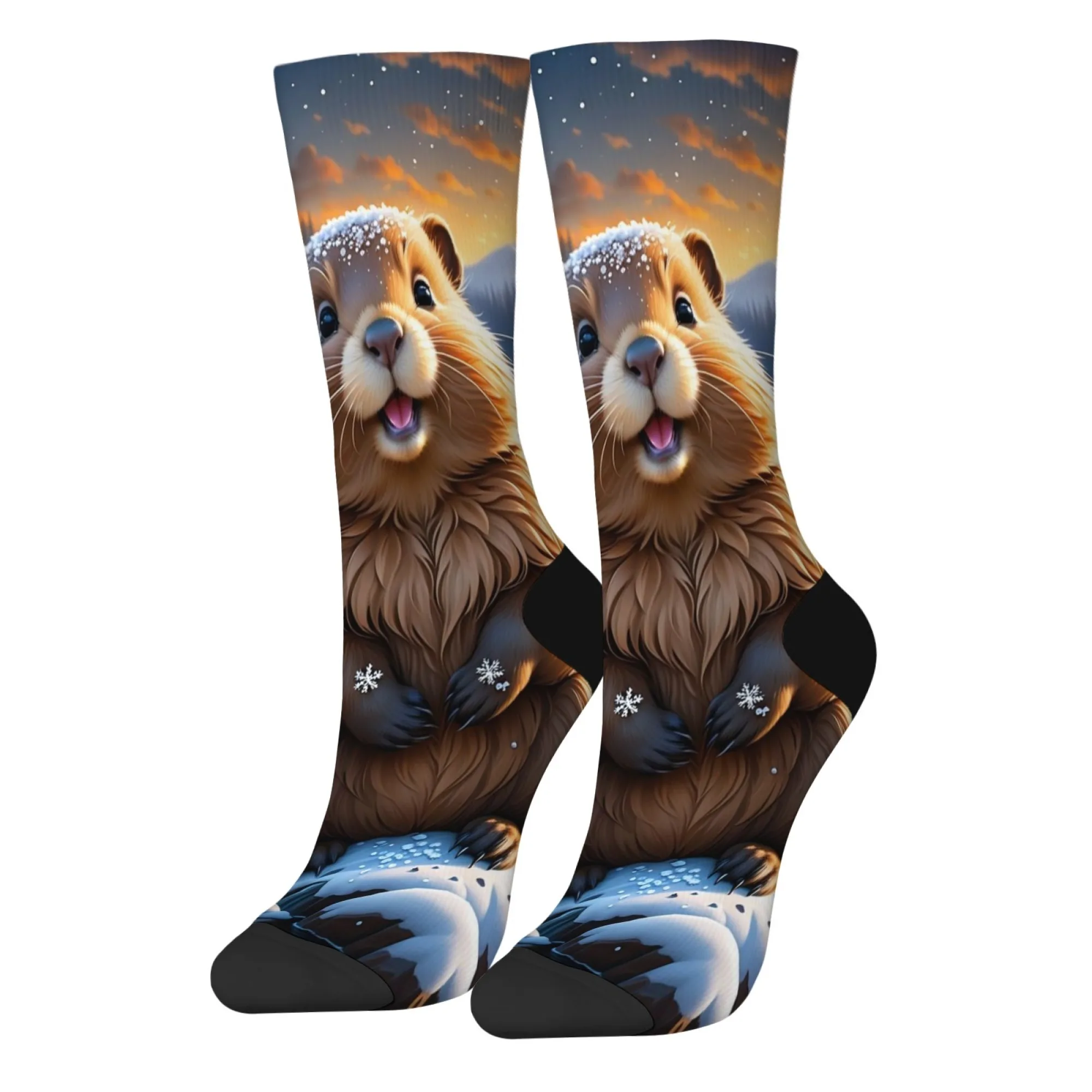 Winter Cozy Starry Woodland Cute Marmot Crew Socks, Snowy Healing Style Marmot Print Socks, Unique Gift for Cute Animal Lovers