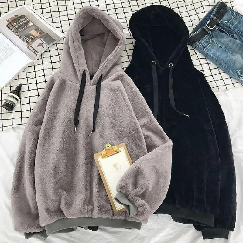 Loose Hoodies Woman Sweatshirt Casual Flannel Solid Pullover Autumn Winter Coat Y2k Fleece-lined Thicken Hooded Warm Soft Jacket