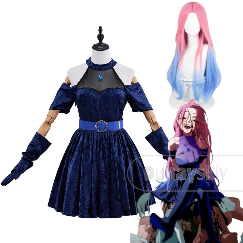 Alien Stage Mizi Cosplay Costume Wig Velvet Dress Off Shoulder Halter Neck Mesh Sheer Panel Gem Brooch Blue Waist Belt Buckle view 2