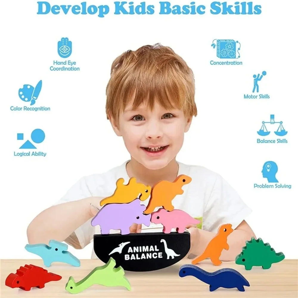 كتل التوازن الخشبية لعب للأطفال الحيوان ديناصور بناء التراص عالية مجلس ألعاب الخشب لعبة مونتيسوري الأولاد أطفال هدية