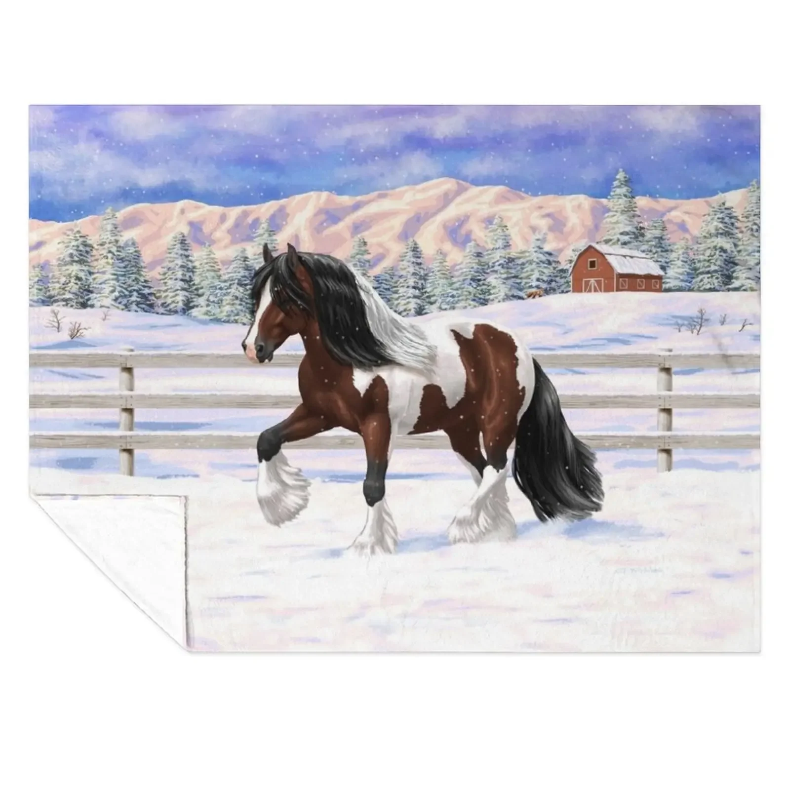 

Brown Bay Pinto Skewbald Gypsy Vanner Draft Horse In Snow Throw Blanket Tourist Soft Beds Plush Blankets