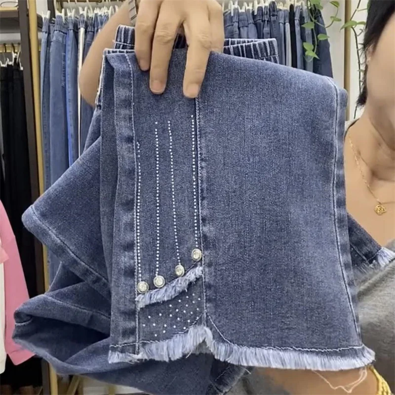 Women's Korean Spring Summer LooseCasual Wild Denim Pants Ladies 2025 NEW Fashion Sweet lace Pearl lace High Waist Jeans