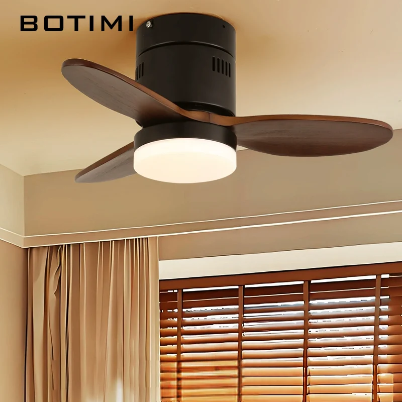 BOTIMI 28 Inch Solid Wood Ceiling Fan With LED Lights For Bedroom Remote Control Ventilateur de