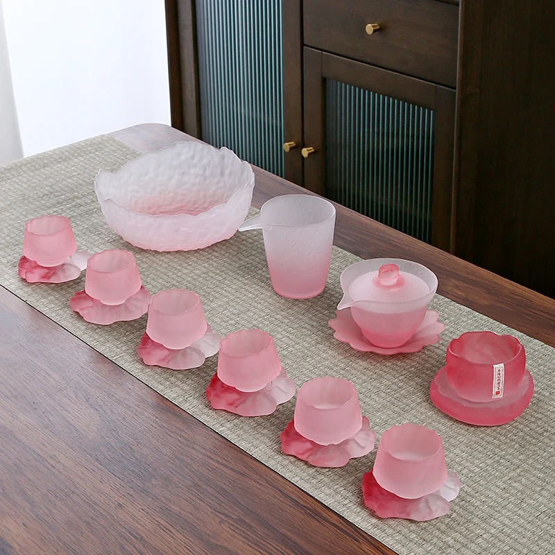 

Pink glass tea set ladies frosted glass high-end Kung Fu teacups home tea room online celebrity girl tea set