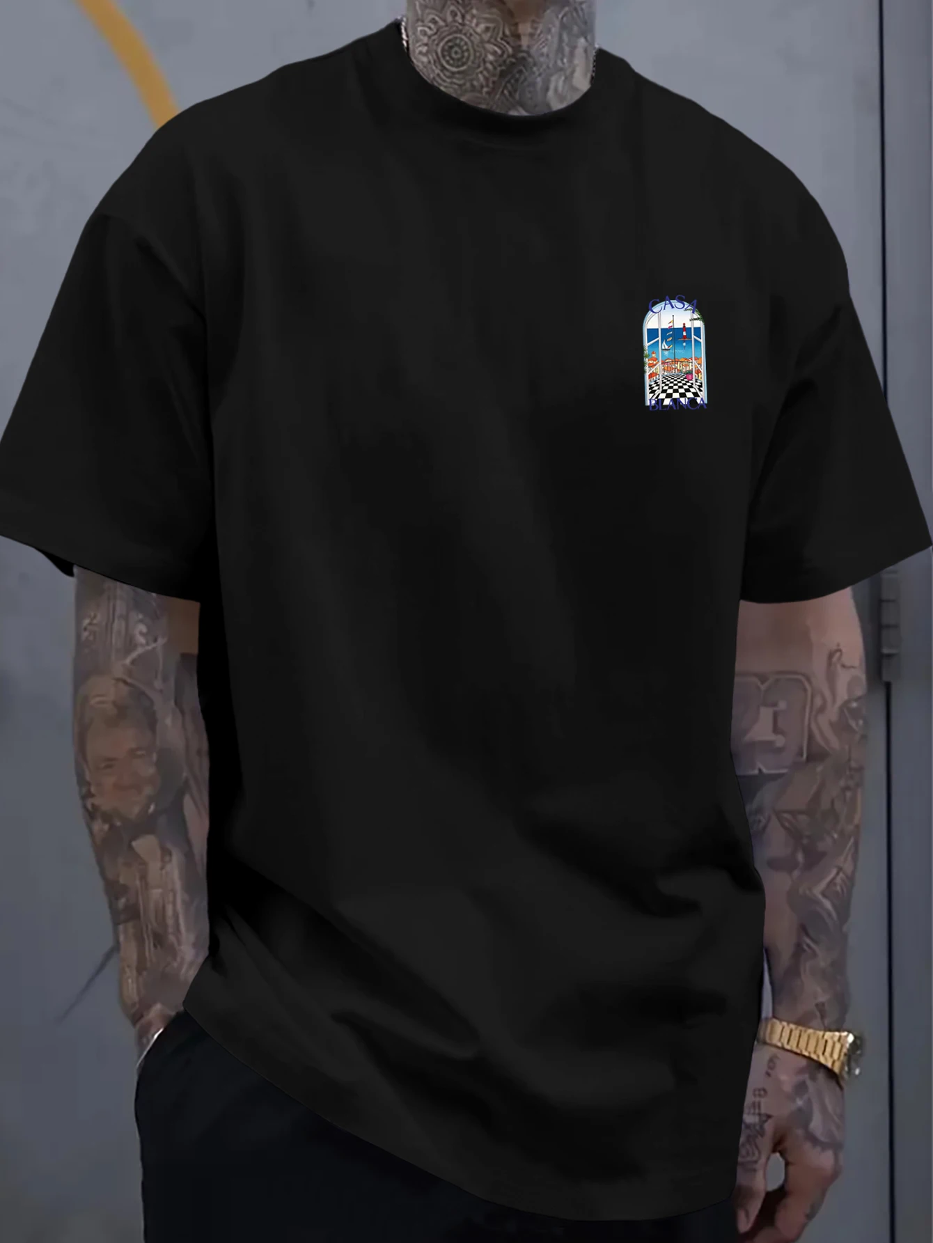 Men Oversized Crew Neck T-shirt Mediterranean Seaside Lighthouse Graphic Print Casual Tee S-XXL