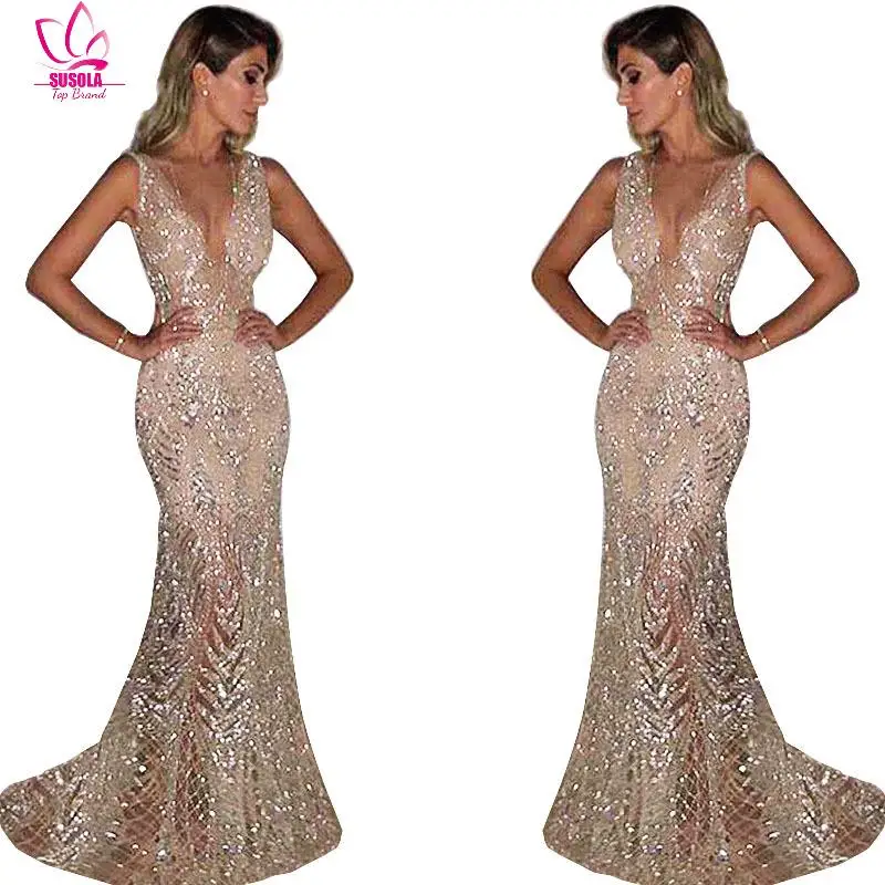 Sexy Open Back Sequined Maxi Dress Floor Length Dress Sleeveless Strapless Deep V Neck Mermaid Party Dress Champagne Gold Silver