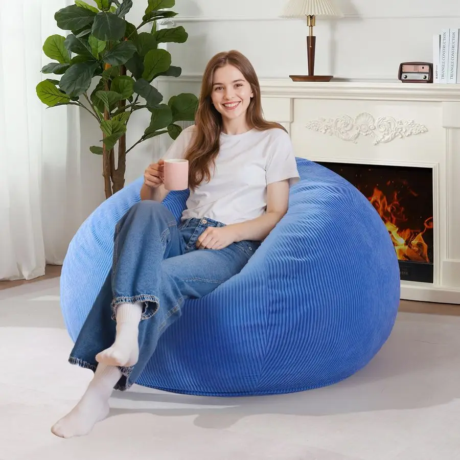 3FT Bean Bag Chair Teardrop Bean Bags with Memory Foam Filled, Compact Beanbag Chairs Soft Sofa with Corduroy Cover Blue