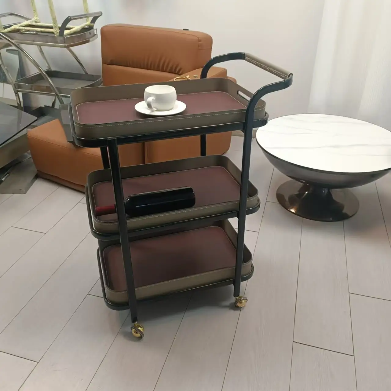 

Hot Sales Saddle Leather Sofa Side Table Trolleys Coffee Table