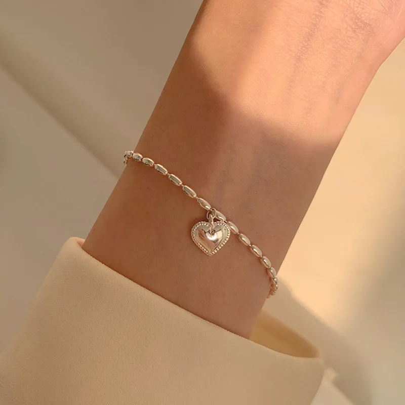 VOQ Silver Color Heart Rice Grain Bracelet Accessory Stylish sweet smooth Heart bracelet Birthday party jewelry for women