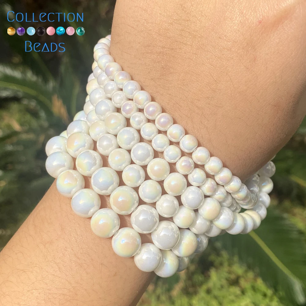 Naturalne kamienne koraliki 6 8 10 mm AB Plated White Porcelain Round Spacer Beads For Jewelry Making DIY Handmade Bracelet Necklace 15'' — zdjęcie 3