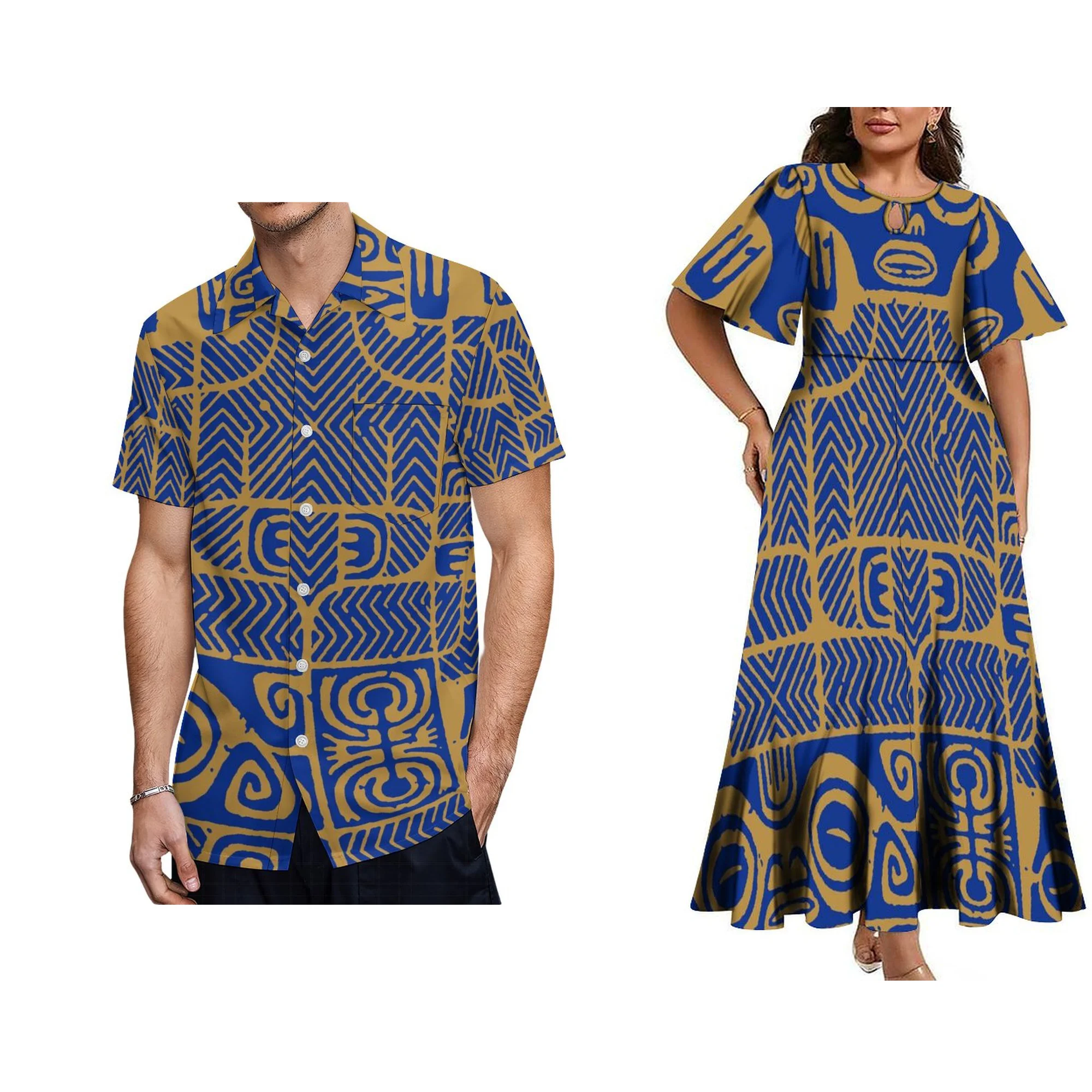 1 MOQ Wholesale Ladies Water Drop Design Half Flare Sleeve O-Neck Long Pleated Dress Custom Logo Polynesian Tribal Party Dress