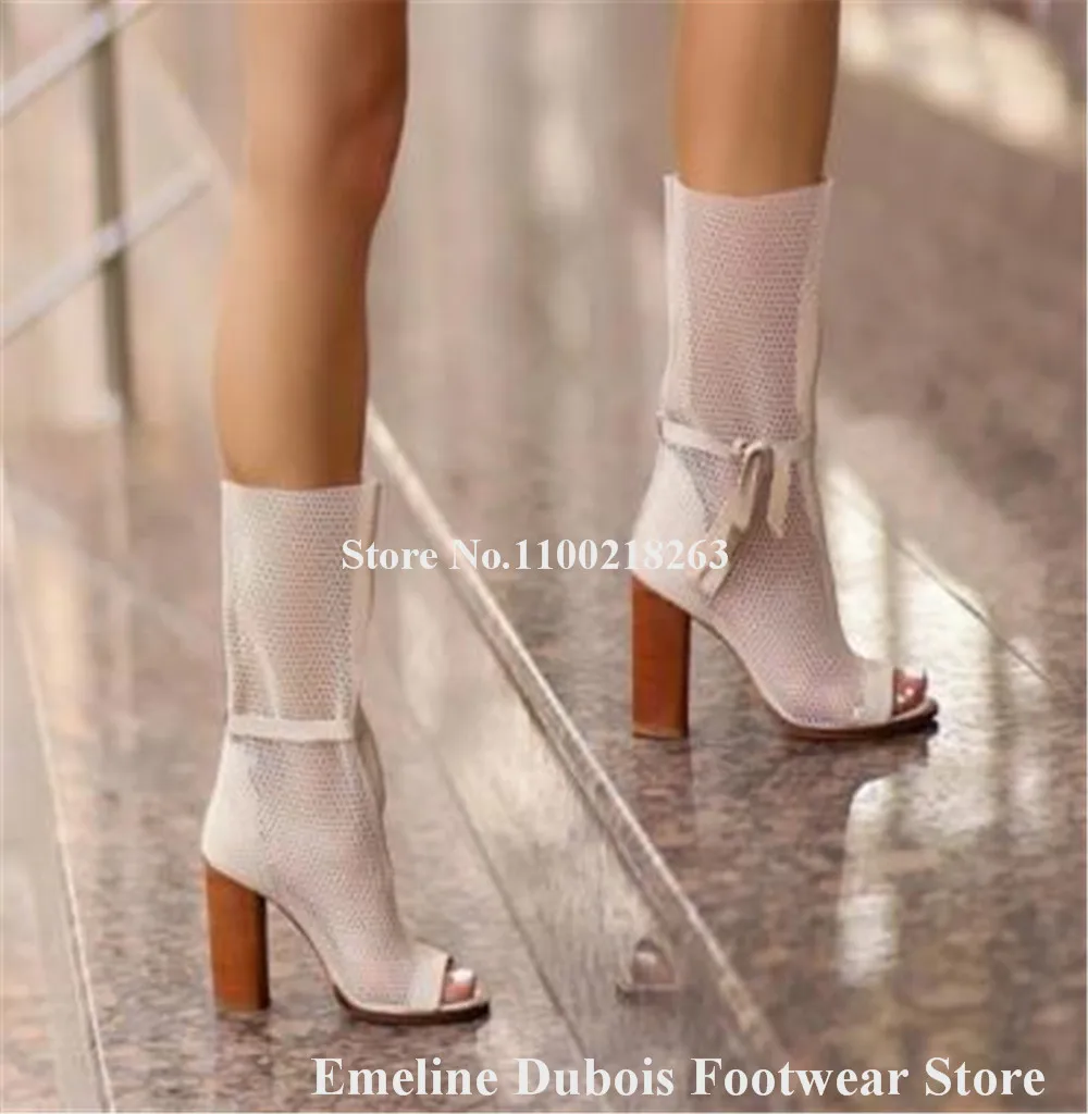 White Black Mesh Chunky Heel Short Boots Emeline Dubois Peep Toe Ankle Lace-up Thick Heel Sexy Ankle Booties Wedding Pumps