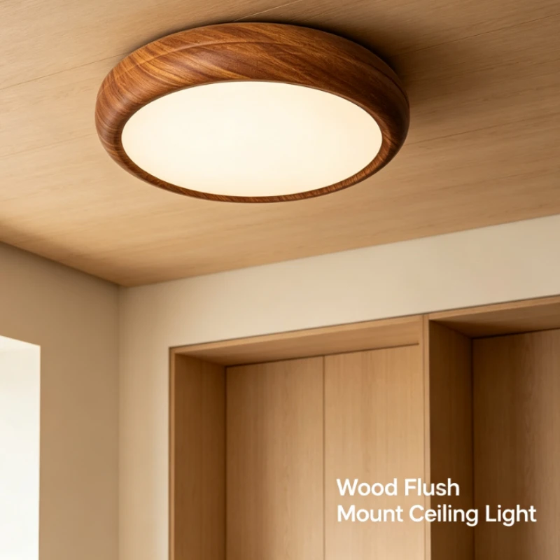 Wooden Ceiling Light With Walnut Finish And LED Panel For Bedroom Study Warm Ambient Illumination